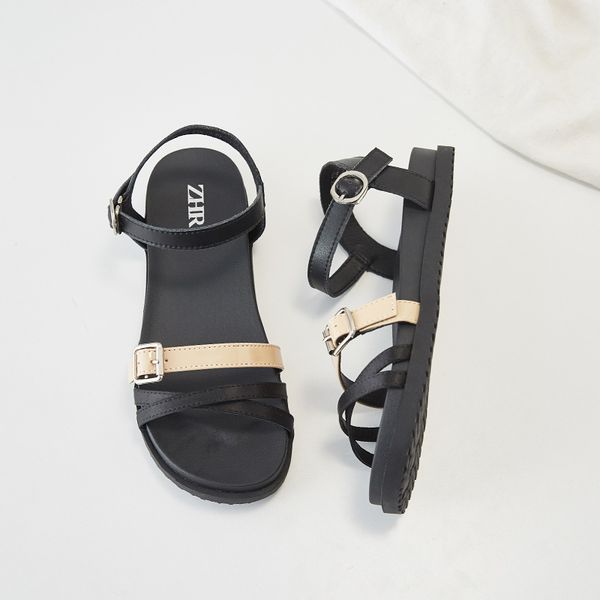 

2020 genuine leather sandals women shoes ladies solid color flat sandals female summer buckle strap black sandalias mujer