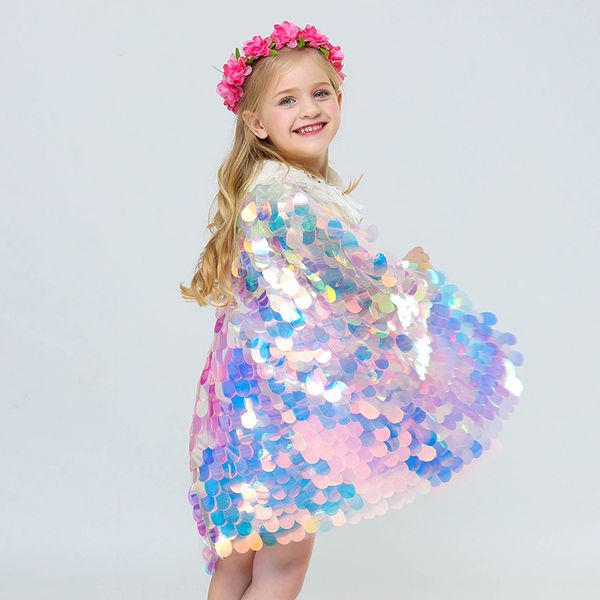 

birthday party little fish scale costume child colorful sequined cloak girls christmas fancy fairy princess ariel sequin cloak, Blue