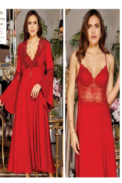 

women cotton ruched long nightgown and dressing gown pajamas set 6 piece dress at home comfortable sleep size s  l xl 550, Black;red