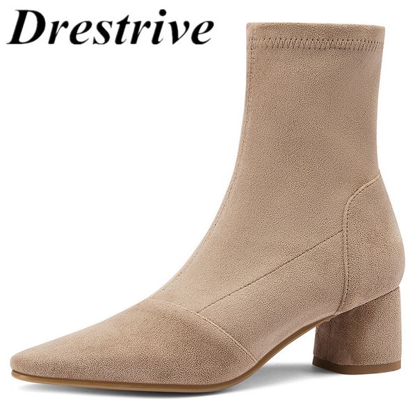 

drestrive women's ankle boots flock elasticity zipper patchwock thick heels 4 cm 2020 winter classics high heel shoes black