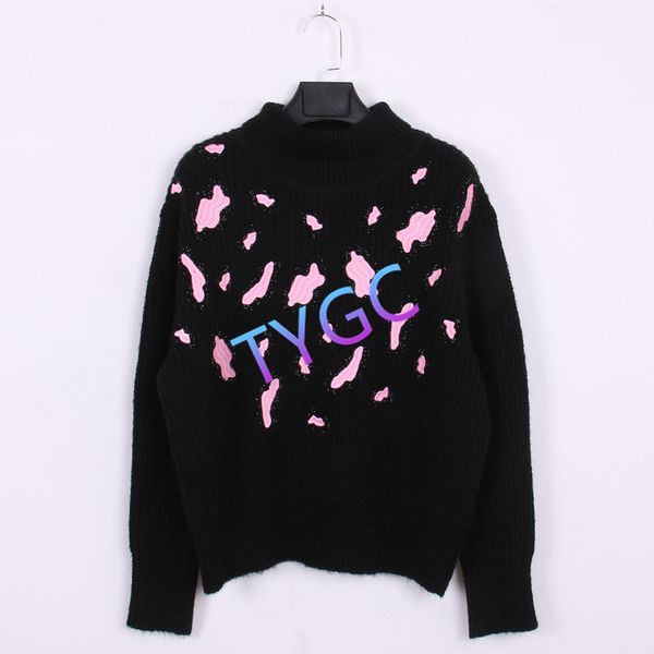 

beads knitted woollen print pullover sweater o-neck bottoming shirt high end women's simple long sleeve black woolly, White;black