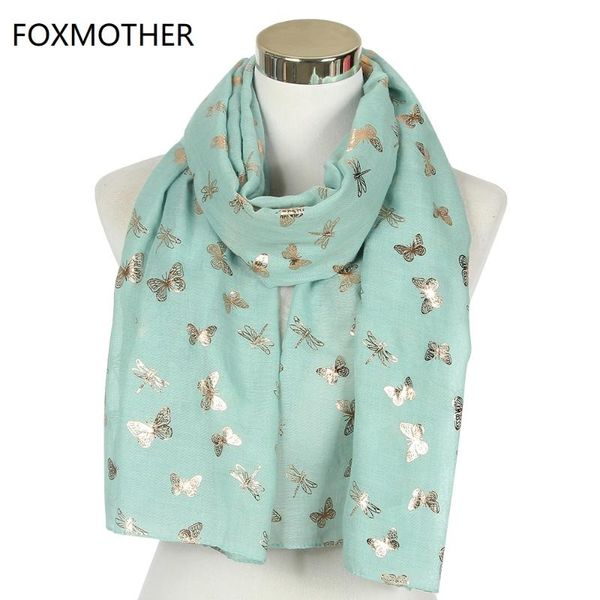 

foxmother new winter fashion white sky blue butterfly dragonfly print foil gold glitter scarf for women ladies shawl wrap, Blue;gray