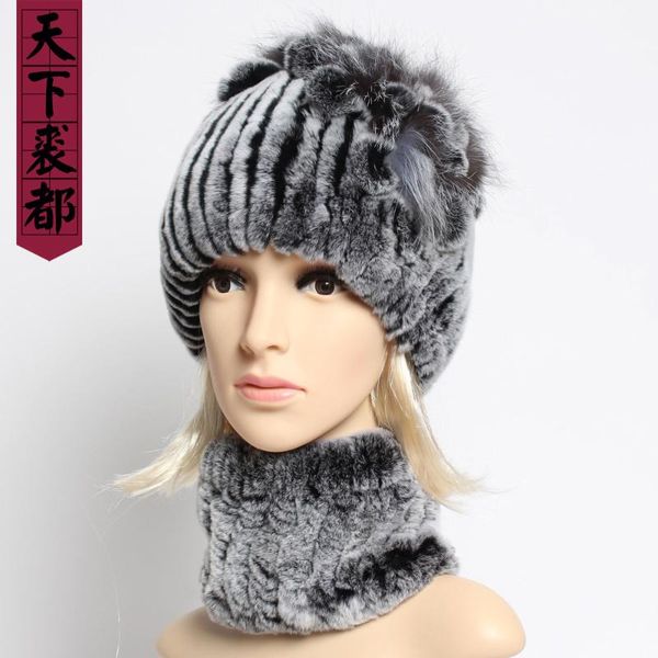 

lady 100% natural real rex fur hat scarves set winter warm genuine fur sets good elasticity authentic scarf hat set, Blue;gray