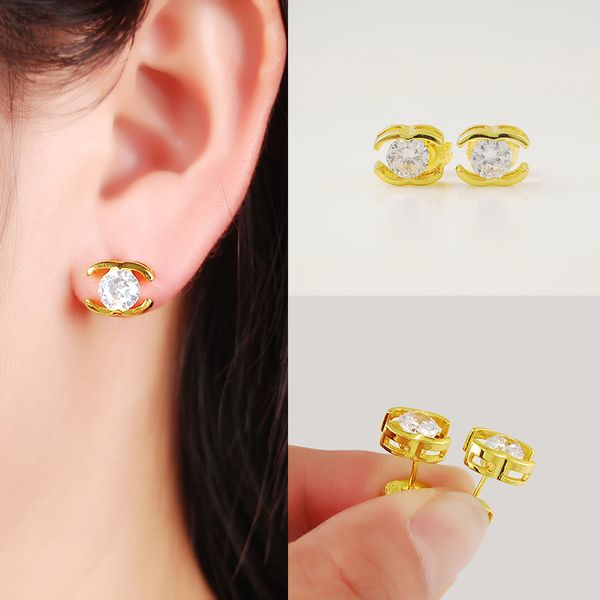 

2020 24k designer women stud heart earrings elegant retro gold asymmetric diamond letters studs fashion jewelry, Golden;silver