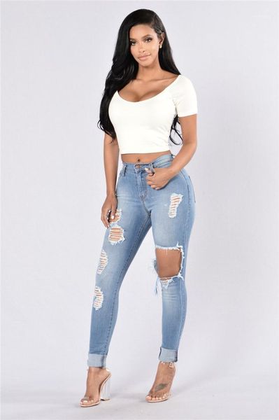 

females clothing womens designer washed distrressed jeans fashion hole pencil pants casual high waist long pants, Blue