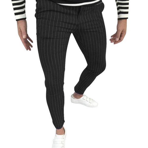 

litthing slim fit mens casual pant plaid elastic waist london fashion men stripe trousers skinny super stretch chino pants, Black