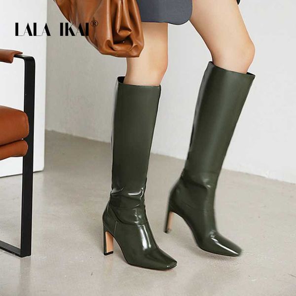 

lala ikai женщин колено сапоги ретро green square head flake heel boot 2020 fashion long tube женский commute осень зима c10383-4, Black