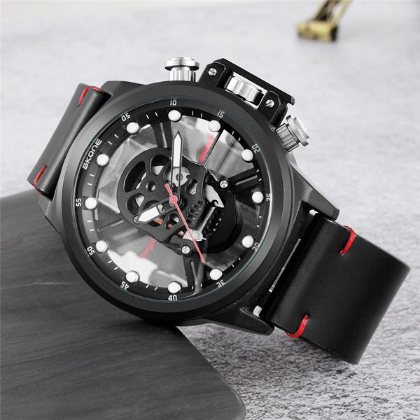 

skone fashion luminous skull watch hollow unique design luxury male quartz wrist watch men watches relogio masculino, Slivery;brown