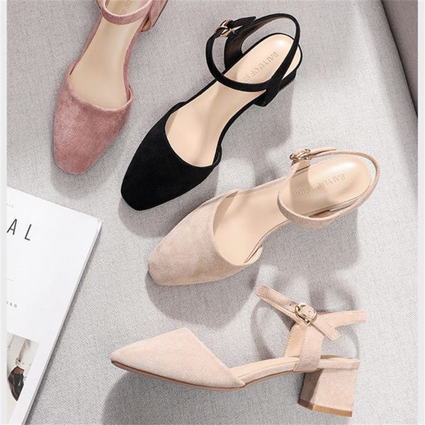

shoes woman 2020 summer square high heels slingback solid flock rubbler office lady career party shoes square toe women pumps, Black