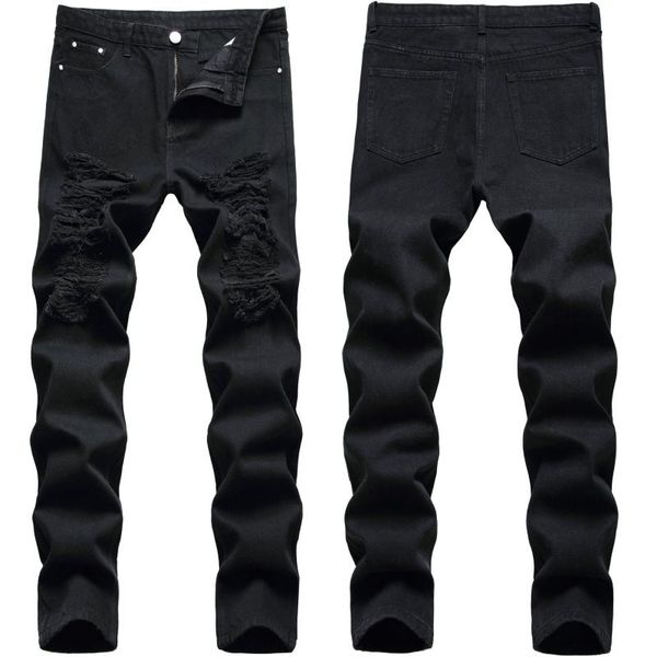 

black ripped jeans men full length hole straight high street punk style washed denim trousers male, Blue