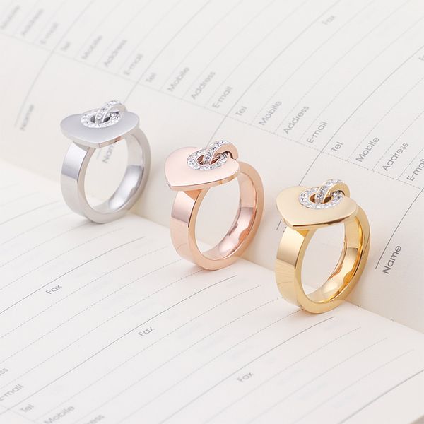 

titanium steel women's ring fashion diamond heart-shaped ring electroplating 18 gold stainless steel personalized ring gold silver rose