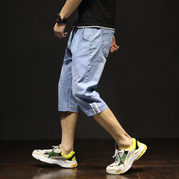 

stretch plus size punk mens short jeans brand fashion slim straight short denim pants pockets jean hombre, Blue