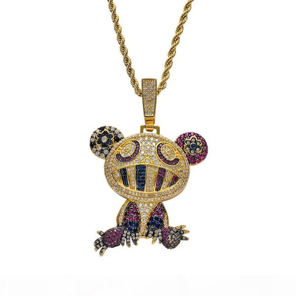 

18k yellow gold multi-color iced takashi murakami panda pendant necklace micro paved zircon mens hip hop jewelry, Silver