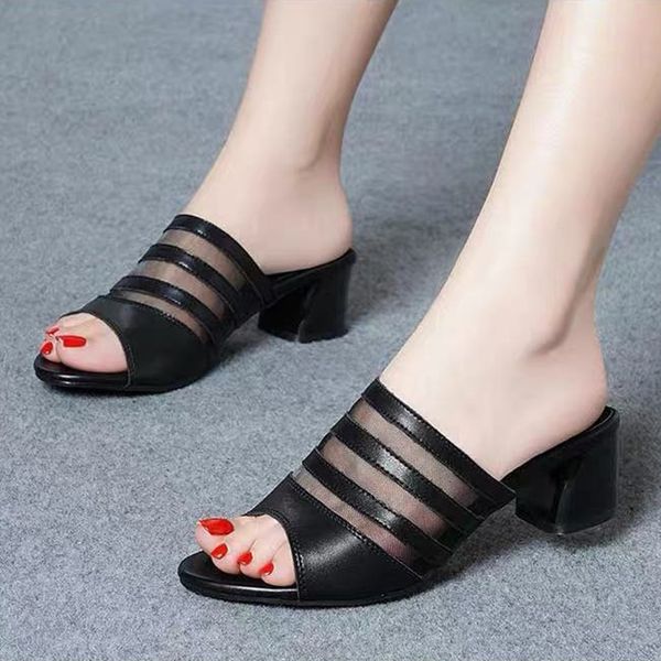 

2020 new black women shoes open toe heels platform mesh sandals comfortabl casual thick heels slippers