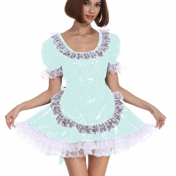 10 cores PVC Lace Patchwork A-line avental Mini vestido de mulher francesa da empregada doméstica Cosplay manga curta Lolita Adorável Fancy Dress