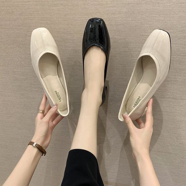 

square toe high pumps women thick heels elegant office high heels women patent leather shallow single shoes zapatos mujer, Black