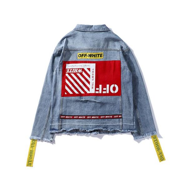 

men denim jacket europe america hip hop sports fashion jean jacket yellow ribbon hole red back stitching youth street jogger casual sweater, Black;brown