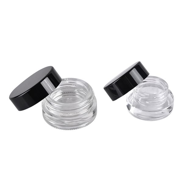 Vorratsbehälter aus Glas, 3 ml, 5 ml, Angebot mit individuellem Logo, klare Dab-Rig-Wachsöl-Hülle, kleines kleines Kosmetikglas mit schwarzem Deckel