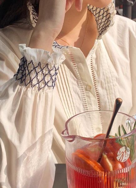 

women's vintage elegant white shirt long sleeve french style hit color blouse
