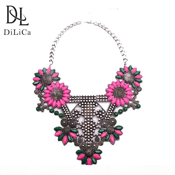 

wholesale fashion maxi necklace for women crystal flower statement pendant necklace bohemian vintage charms chokers necklaces, Golden;silver