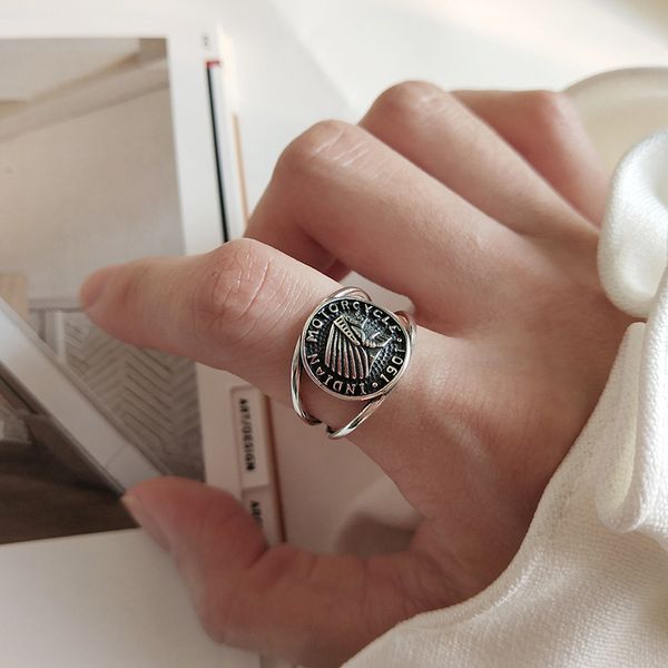 

lism silver color thai silver open ring for women men vintage antique carving coin finger ring, Golden;silver