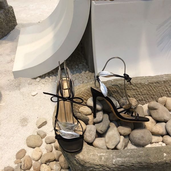 

woman sandals lace-up leaf pattern genuine leather luxury designer ladies shoes dance party 2020 new fashion high heels, Black