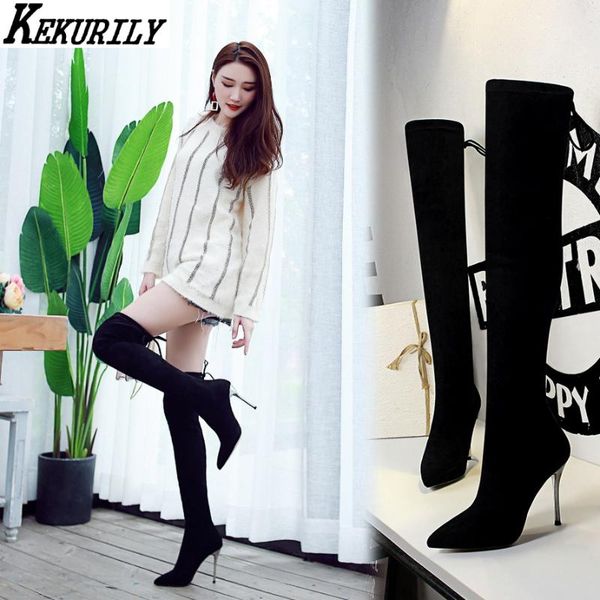 

2020 over the knee boots for woman fashion high heels shoes socks boot pointed toe thigh high boots winter zapatos de mujer, Black