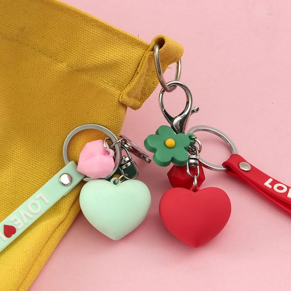 

2020 lovely double hearts keychain rubber lanyard key ring handbag hanging flowers pendant charms long key chain, Silver