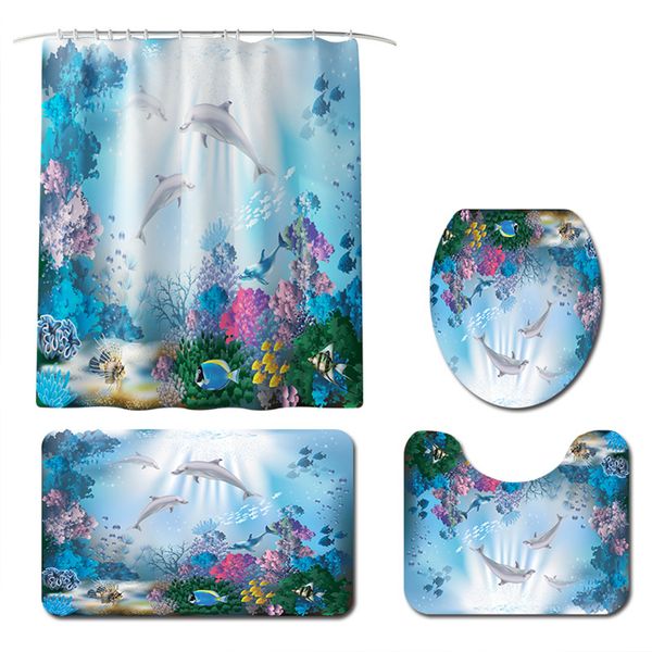 

durable washable non slip shower curtain bathroom mats set coral dolphin printed