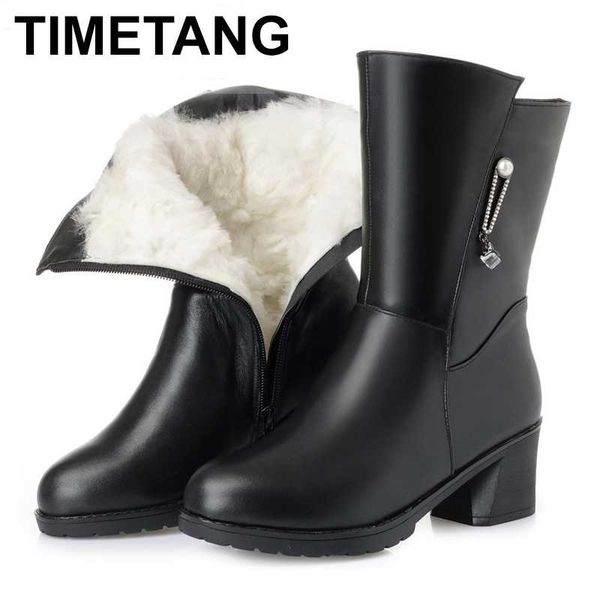 

timetangwinter shoes woman thick heel in-tube boots 2020 new plush / wool snow boots cowhide leather women plus size, Black