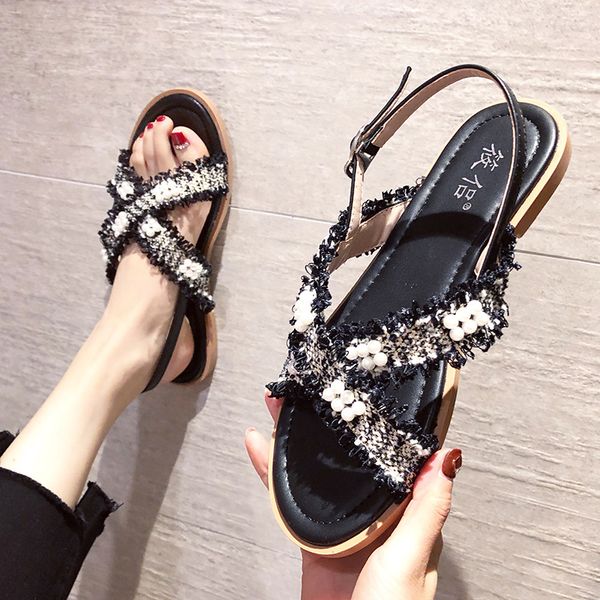 

2020 fashion summer new women sandals casual buckle strap solid string bead back strap low 1cm-3cm large size open, Black