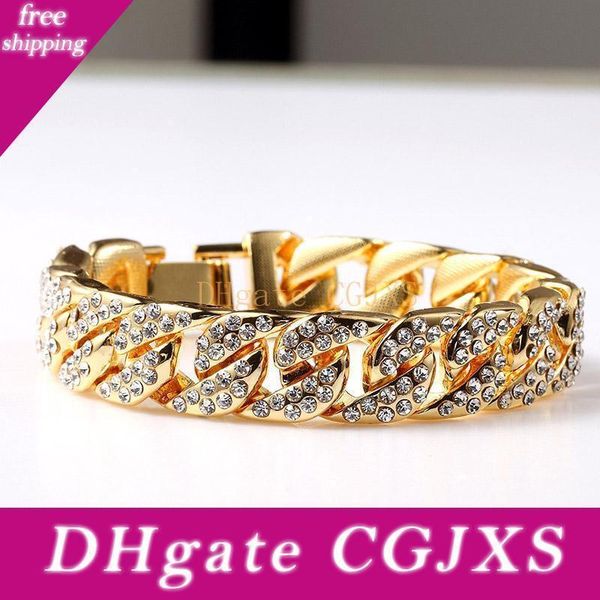 

exaggerated heavy extra coarse 24k solid gold miami cuban link shiny full diamante bracelet hip hop bling jewelry hipster men wristband, Black