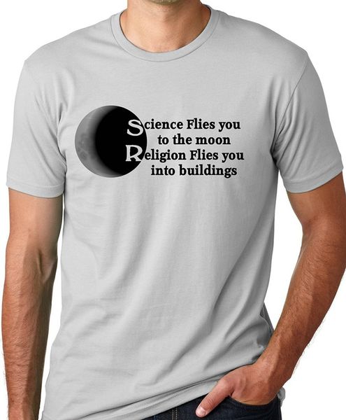 

2019 new summer cool tee shirt science flies you to the moon religion into buildings atheist t-shirt cotton t-shirt
