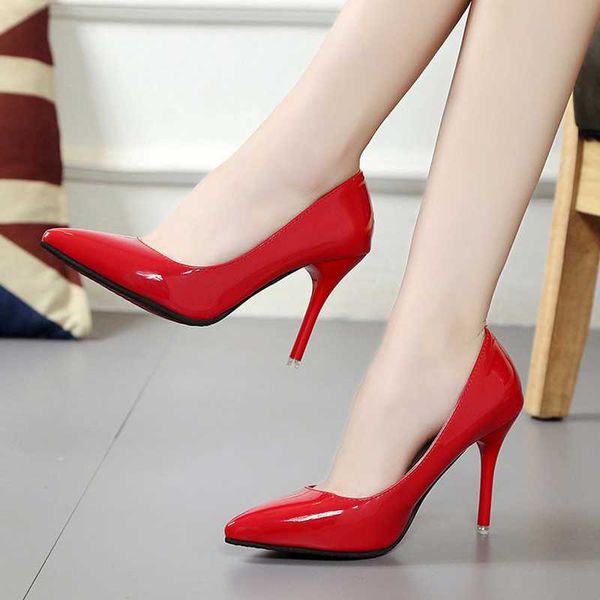 

dress shoes classic women pointed toe pumps patent leather high heels boat wedding zapatos mujer red luxury, Black