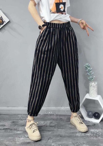 

women's harem pants washed cotton linen pant women's summer thin printed loose large size linen eight-point casual carrot pants, Black;white