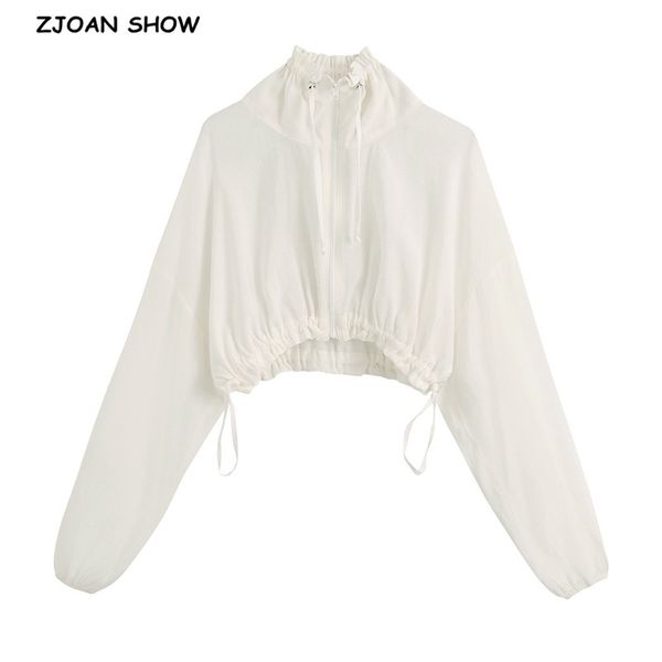 

2020 stand ruffles collar white short jacket retro women bat long sleeve adjust rope elastic hem high waist jackets casual, Black;brown