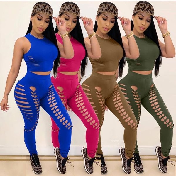 

fashion womens sportswear hollow out designer tracksuits women slim 2 piece pants solid color sleeveless crew neck pullover vest suits, White