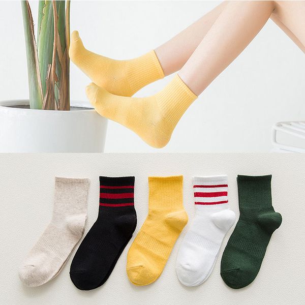 

women cotton socks summer autumn cute solid color striped ankle socks, Black