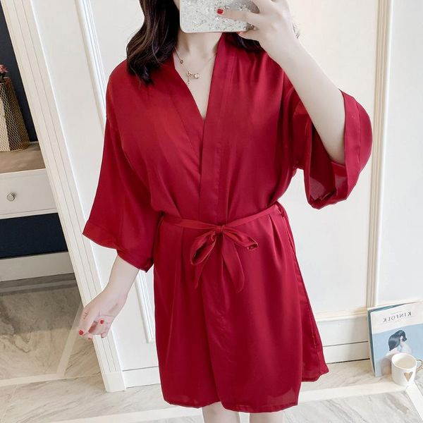 

chinese red women wedding robe summer new satin sleepwear female kimono bathrobe gown casual nightwear v-neck home clothing, Black;red