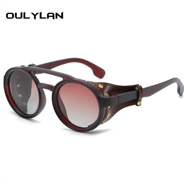 

oulylan vintage men leather steampunk sunglasses polarized male round driving sun glasses women fashion punk style glasses uv400, White;black