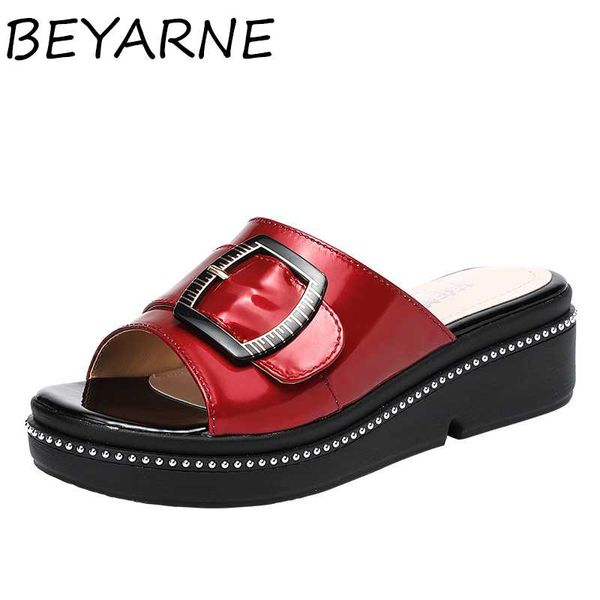 

beyarne open toe slippers mid heels women shoes 2020 summer leather platform wedges slides ladies slippers plus size 33-43, Black