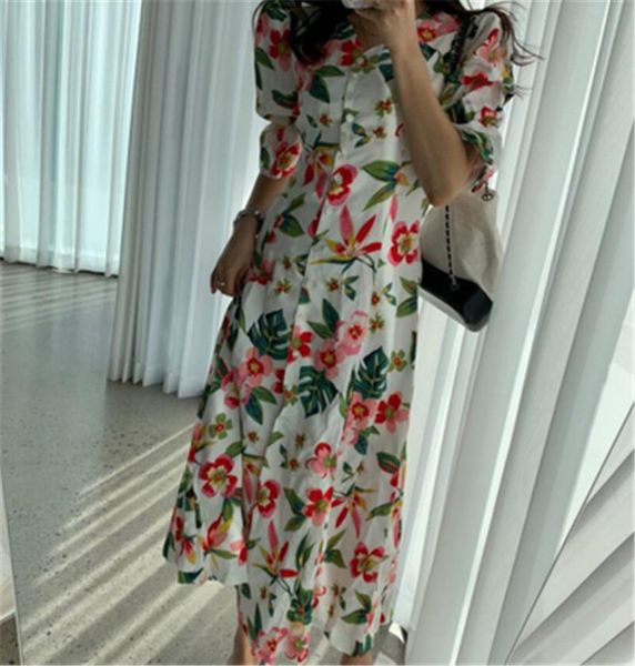 

dress women 2020 summer floral print v-neck flare sleeve midi long dresses elegant casual fashion sundress korean style dress, Black;gray