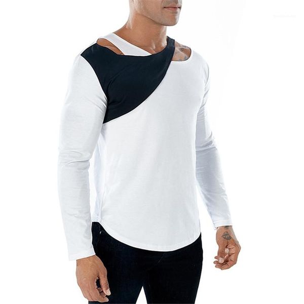 

tshirts panelled casual slim solid color long sleeved crew neck t shirts fashion mens tees fake two mens, White;black