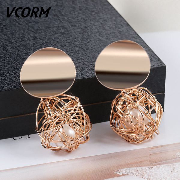 

vcorm new fashion weave round ball gold stud earrings for women 2020 wedding party luxury geometric christmas earring jewelry, Golden;silver