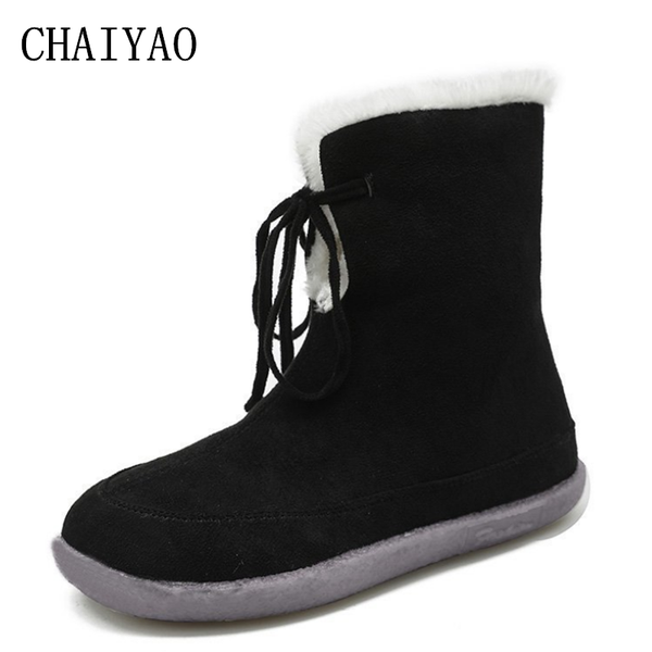 

snow boots women's short boots winter new ladies flock keep warm women's shoes fashion large size lace-up ankle flat women, Black