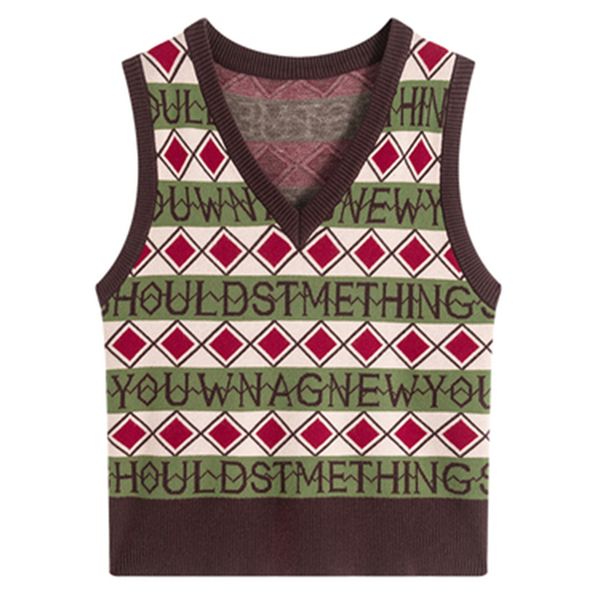 

women's vests red plaid kitted v-neck vintage sweater vest women tank sleeveless loose preppy style 2021 autumn design korean fashion, Black;white