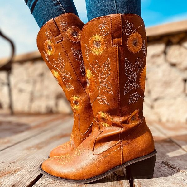 

boots 2021 western cowboy for women pointed toe women's shoes brand embossing soft leather mid-calf chunky wedges, Black
