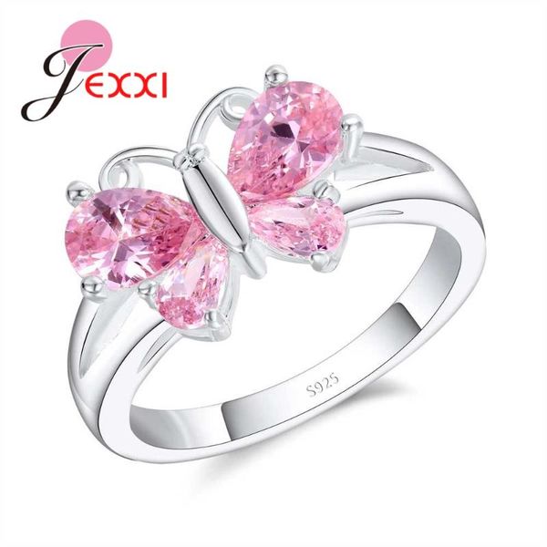 

romantic butterfly pink water drop crystal wedding engagement 925 sterling silver rings for woman girls party anillos, Golden;silver