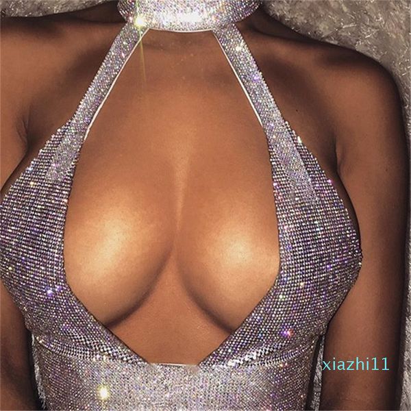 

v neck metal crystal diamond women sequins tank summer beach halter camis bralette womens nightclub party crop new, White
