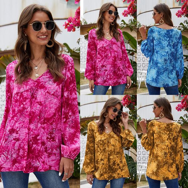 

womens lightweight autumn and winter casual long lantern sleeve blouses comfort loose v neck dyeing printing t-shirts, White